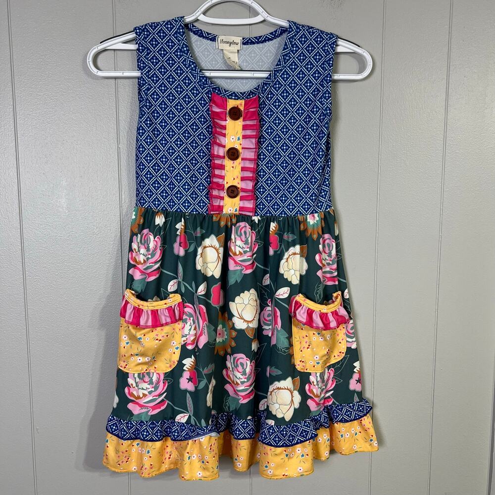 Honeydew Girls 6-7 Patchwork Floral Sleeveless Dress Ruffle Pockets